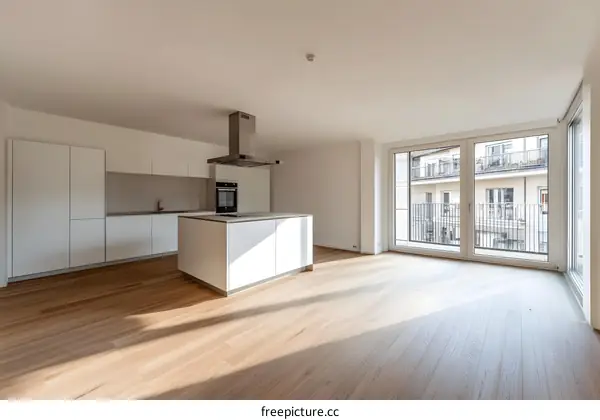 Modern Kitchen with Island and White Cabinets in Empty Apartment