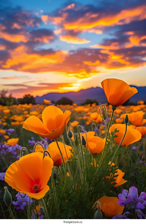 Field of orange California poppies at sunset