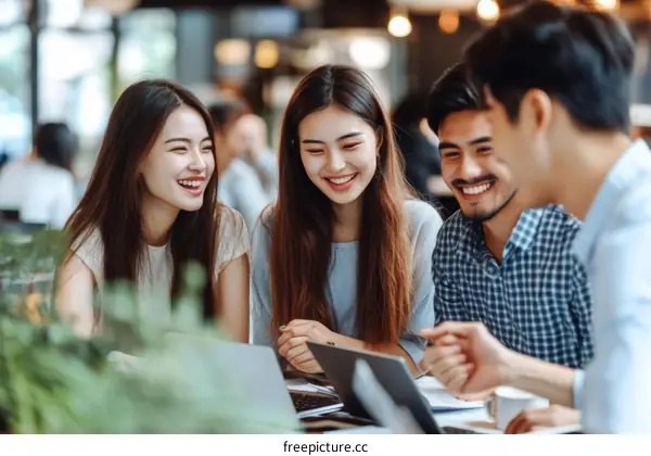 Happy Young People Working Together in a Cafe