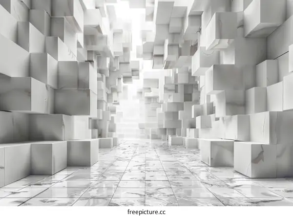 Modern Bright White 3D Geometric Marble Tiles Hallway Perspective