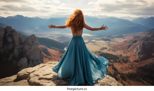 girl standing on a cliff with arms outstretched in a blue dress