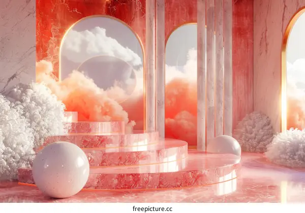 Pink Surreal Abstract Landscape with Stairs, Plants and Clouds