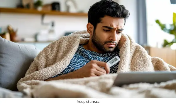 Sick Man Checking His Temperature with a Thermometer