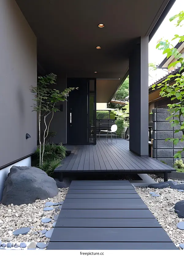 Modern Japanese Style House Entrance With Wooden Deck and Gravel Path