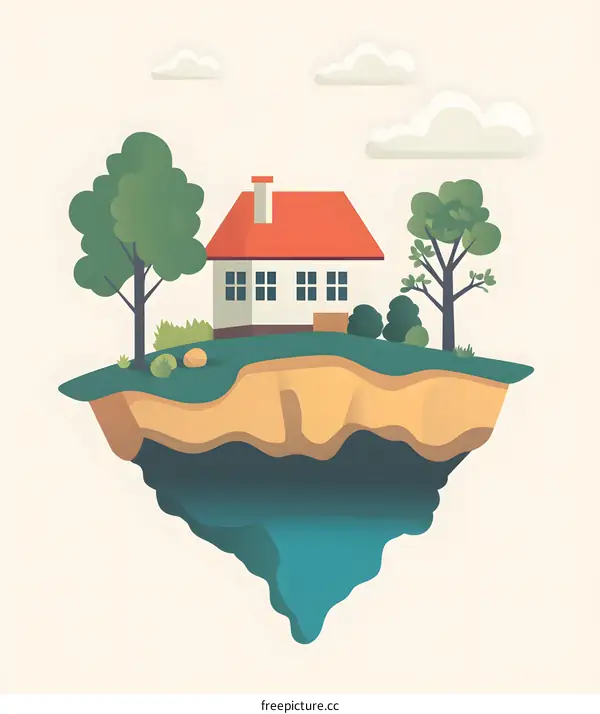 Floating House with Trees and Clouds