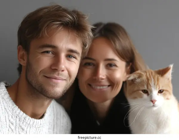 Happy Couple with Cat Portrait Photo