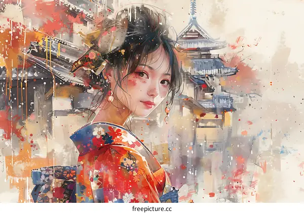 An illustration of a beautiful woman in a kimono standing in a traditional Japanese street with cherry blossoms