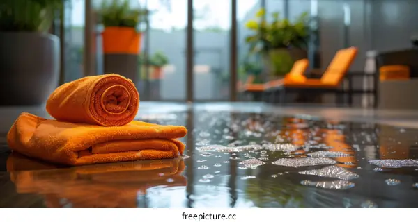 Orange towels by the wet poolside