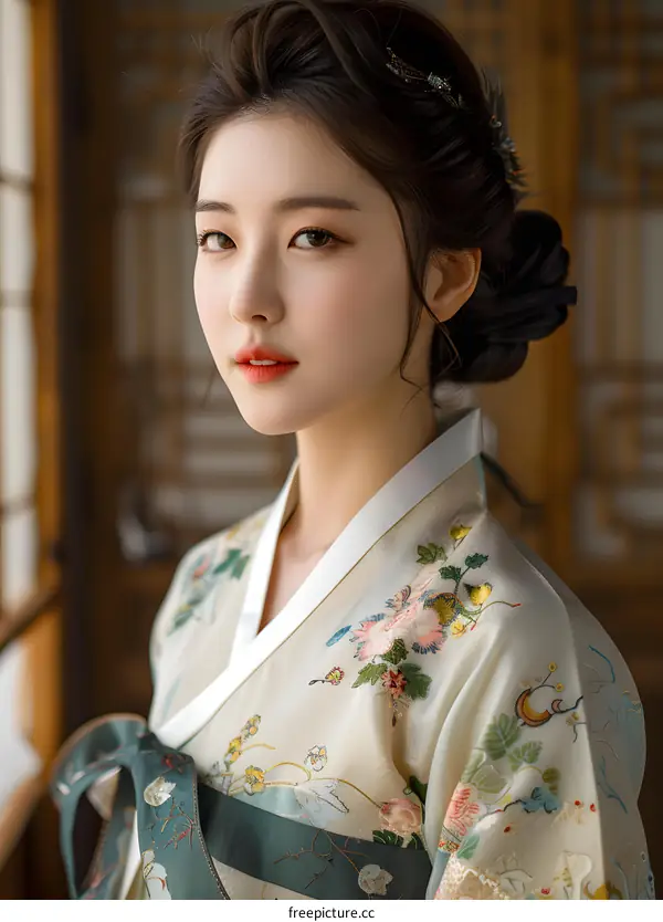 Portrait of a young woman in traditional Korean dress, or Hanbok