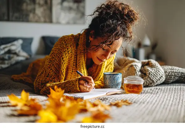 Woman Writing in a Journal on a Bed with Autumn Leaves