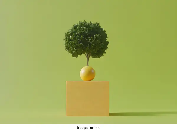 Green Tree on Yellow Sphere with Yellow Cube