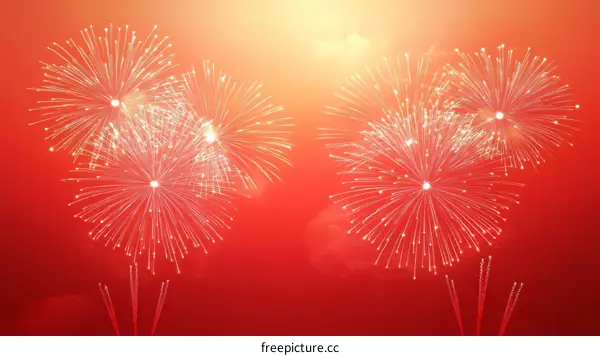 Fireworks Display Against a Vibrant Red Sky