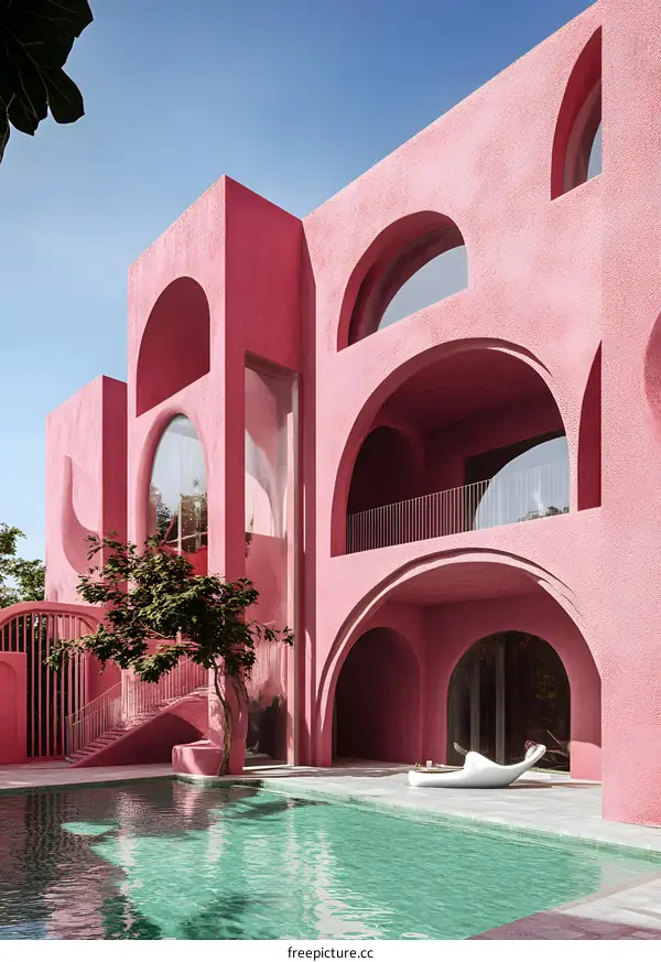 Modern Pink Building with Archways and Pool