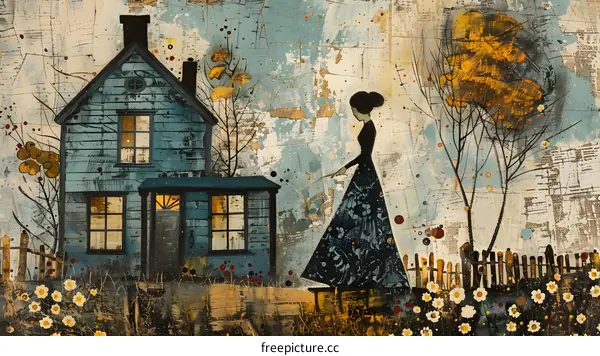 Woman in a Long Dress Walking Towards a Blue House