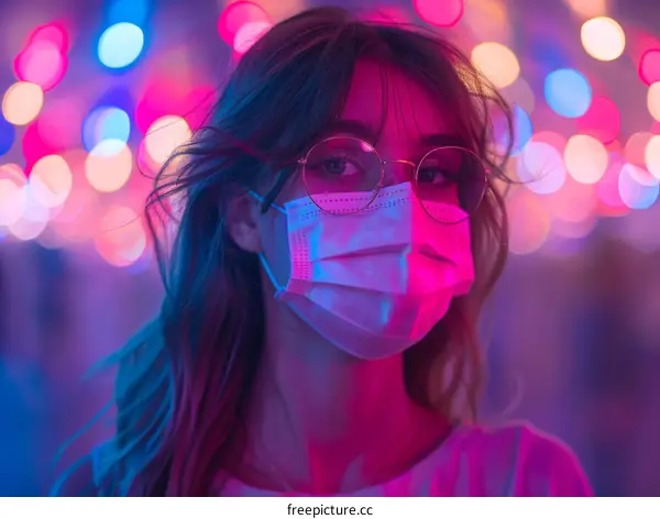 Woman in Colorful City Lights Wearing Protective Mask and Glasses