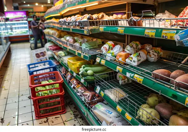Supermarket Grocery Store Aisle With Fresh Produce and Meat