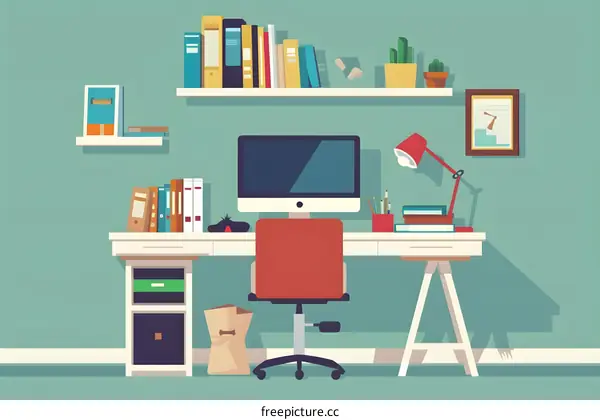 Minimalist Home Office Desk with Bookshelf and Computer