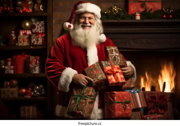 Santa Claus in a red suit and white beard is holding a stack of presents in front of a fireplace.