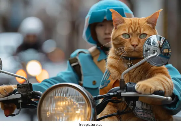 A ginger cat is sitting on a motorcycle and a woman is riding it