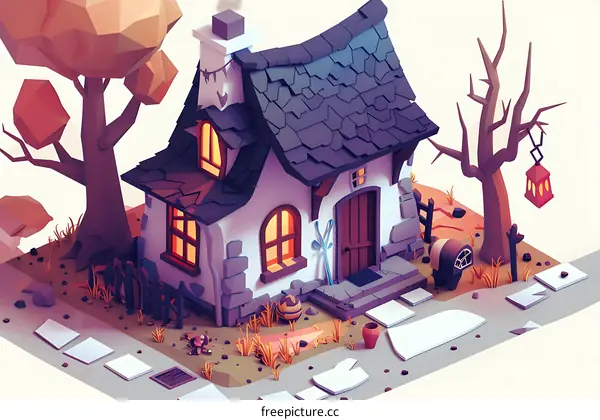 Low Poly Cottage Illustration With Trees