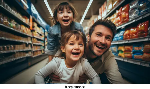 Father pushing his two daughters in a shopping cart in a grocery store