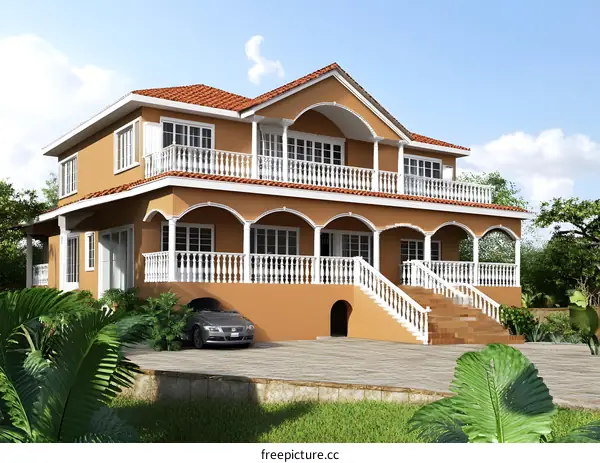 Exterior Design of Two Storey House with Balconies and Arched Entrance