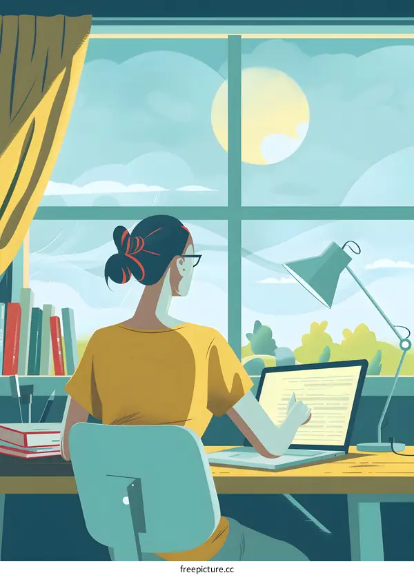 Woman Working from Home on a Laptop by the Window