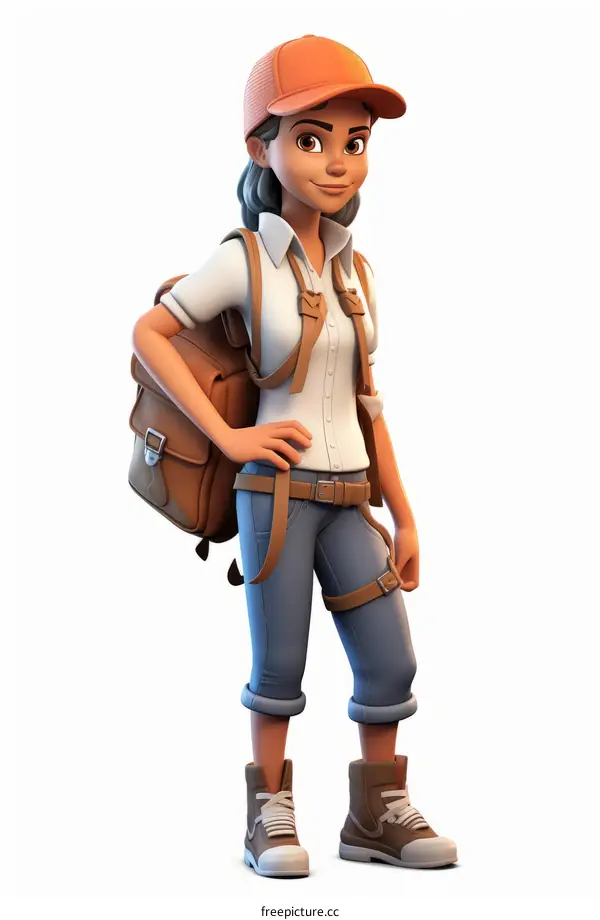 A young girl wearing a backpack and a hat is standing with a confident smile.