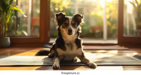 A cute dog is lying on a yoga mat in front of a door with glass windows