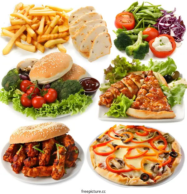 Fast Food Meal Collection With Pizza, Burger, Chicken and Fries