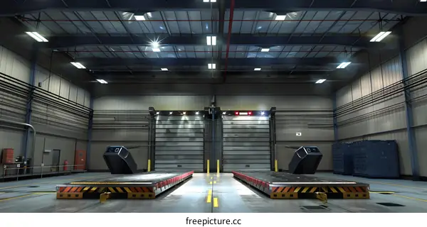 Industrial Building Interior With Large Doors and Platform