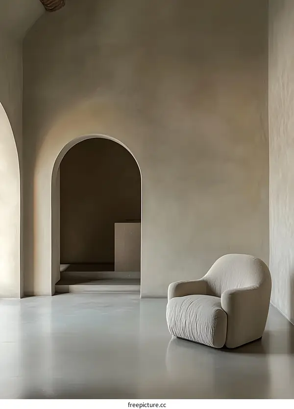 Modern Interior Design With Beige Armchair And Arched Doorways