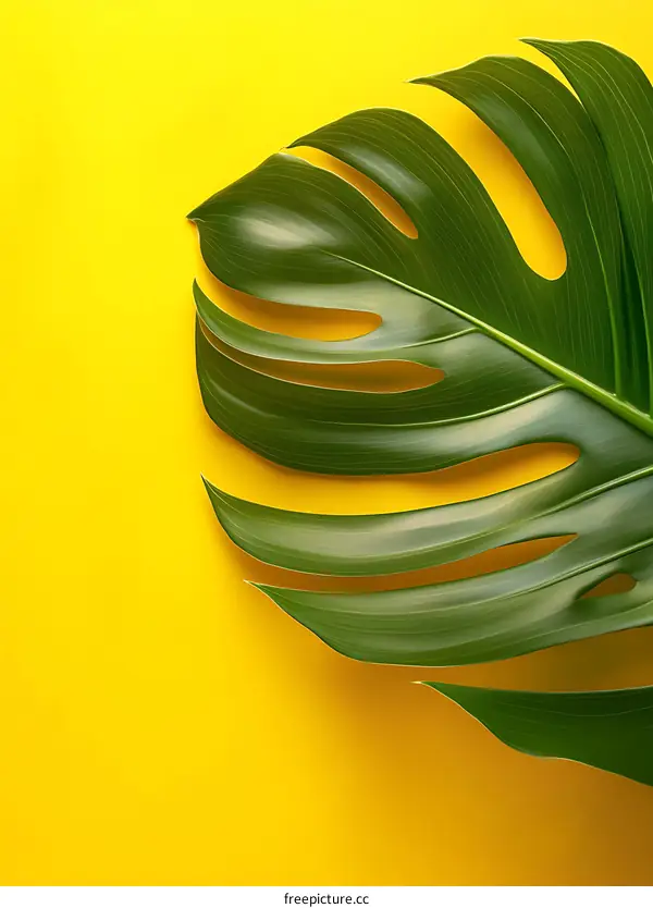 Green Monstera Leaf on Yellow Background