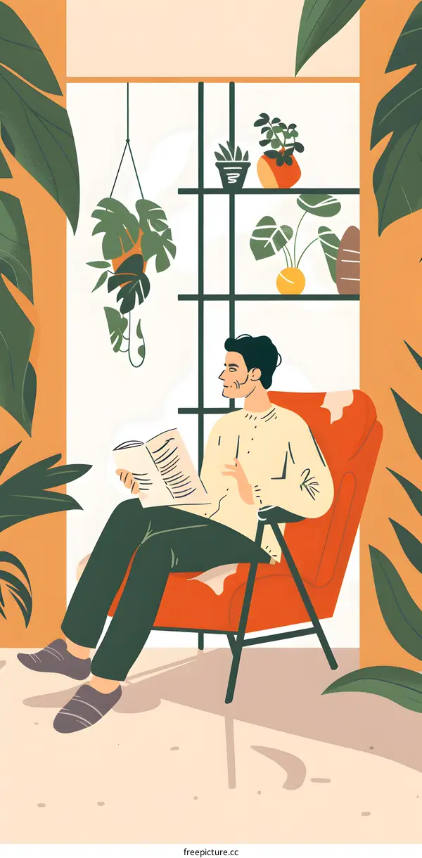 Man Relaxing in Armchair with Plants and Newspaper