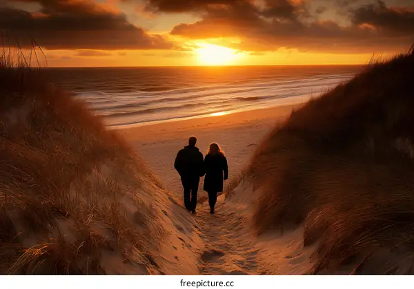 Couple Walking on Beach at Sunset