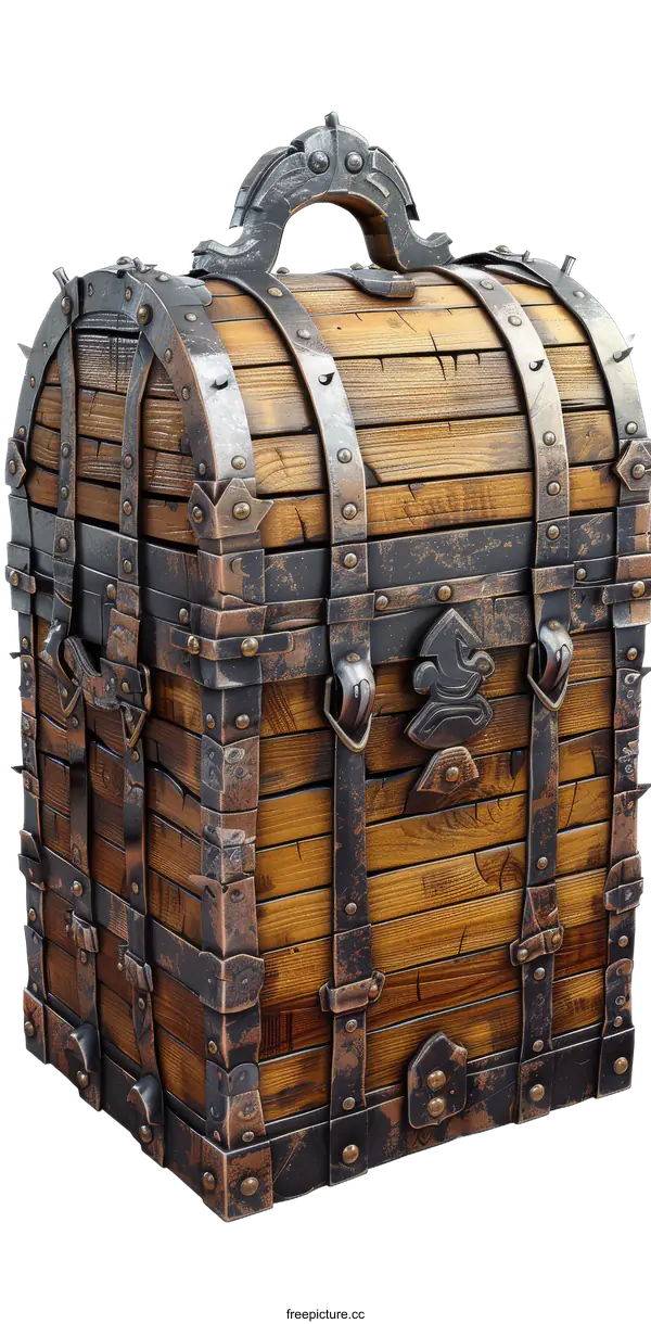 [Transparent Background PNG]Old wooden treasure chest with metal details