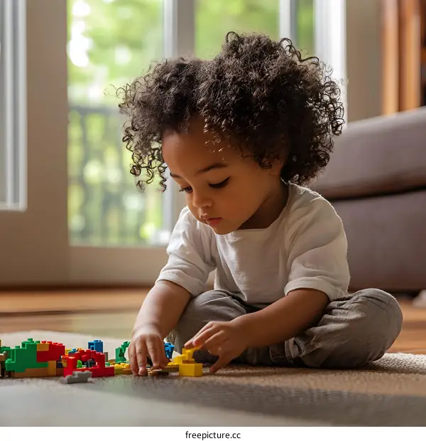 Little Girl Playing With Building Blocks on Floor