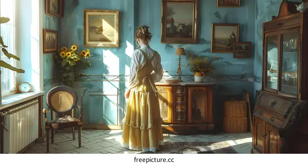 girl in historical costume standing in front of blue wall