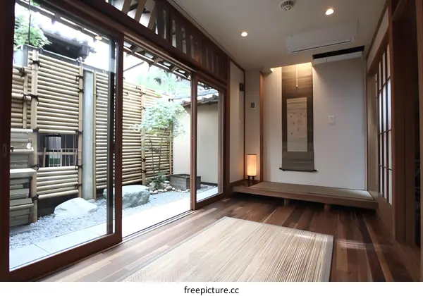 Japanese Style Interior Design With View Of Small Garden