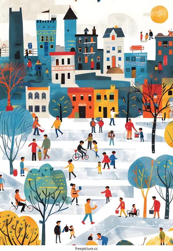 Colorful Illustration of a City Park with People