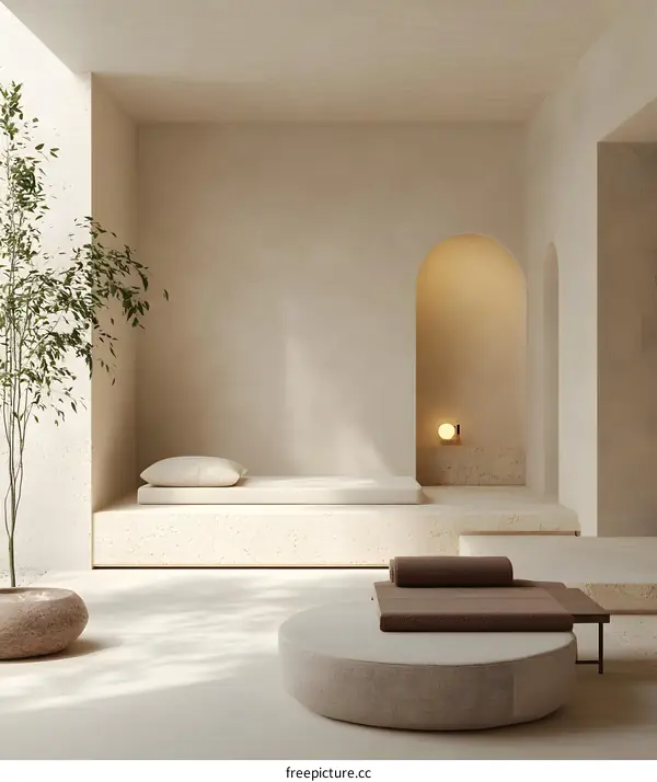 Minimalist Interior Design with Arched Entryways and Beige Color Palette