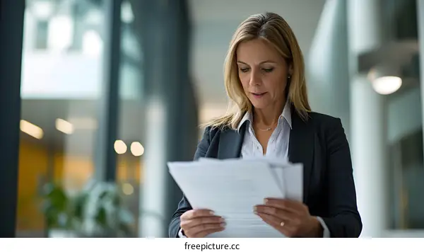 Businesswoman Reviewing Documents In Office