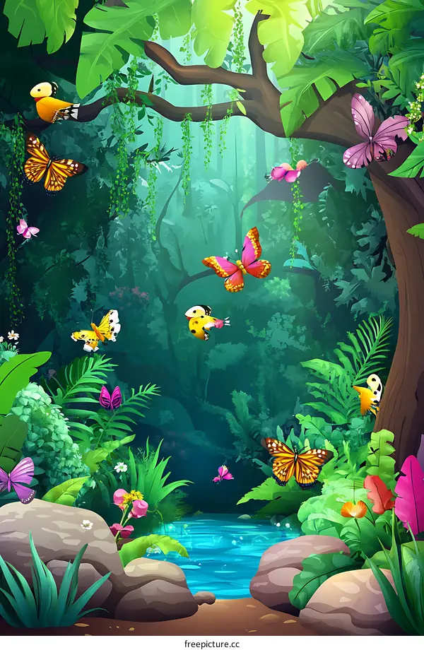 Magical Rainforest with Butterflies and Birds