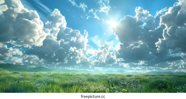 Sunny Day with White Clouds and Green Grass