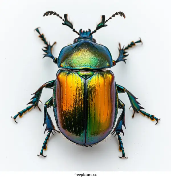 A green and gold scarab beetle on a white background