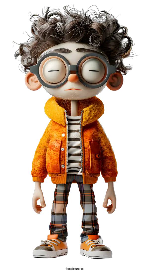 [Transparent Background PNG]Cartoon Boy with Glasses and Orange Jacket