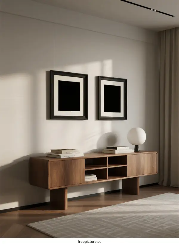 Modern Living Room Interior with Wooden Sideboard and Framed Art