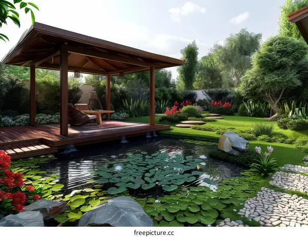 Tranquil Asian Courtyard with Pond, Pavilion, and Garden