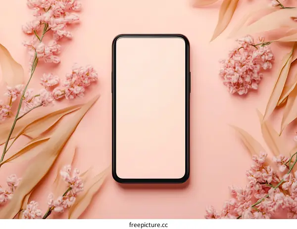 Pink Flowers and a Smartphone with a Blank Screen