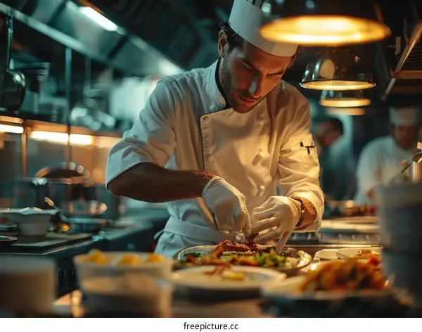 Focused male chef carefully plating food in commercial kitchen